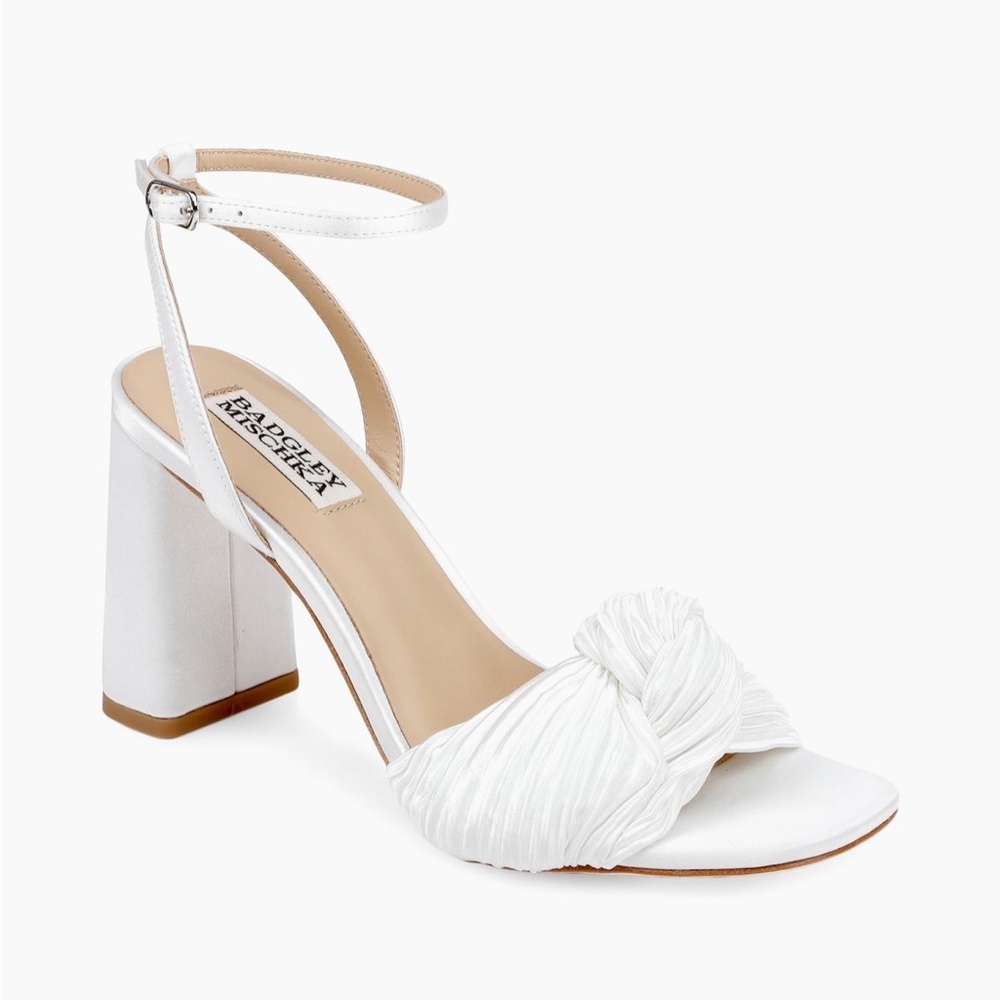 Badgley Mischka Dafne: White Satin Block Heel Sandal